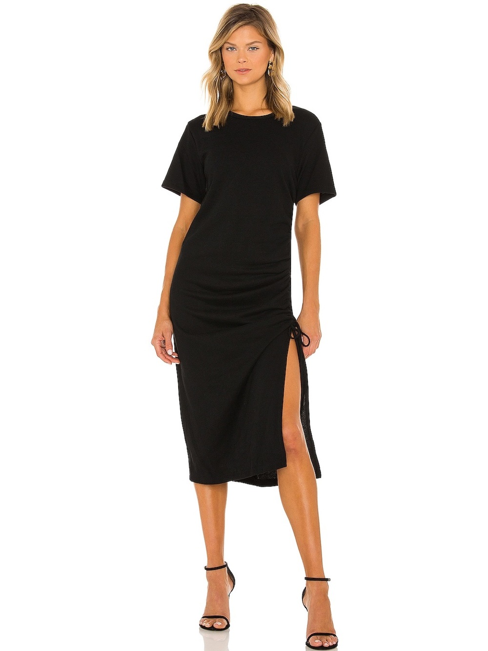 Line & Dot Ratha Ribbed Midi Dress Black Drawstring Side Slit Large - Picture 2 of 14